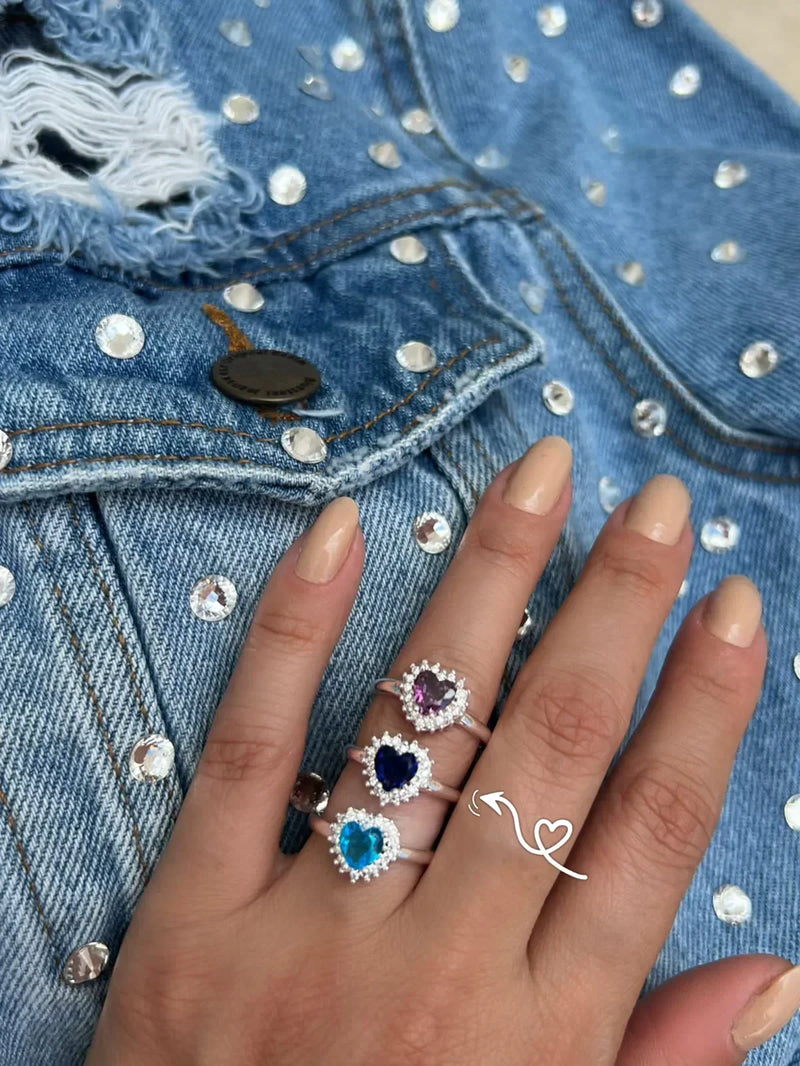 Anel Coração com Zircônia Cristal e Azul em Prata 925